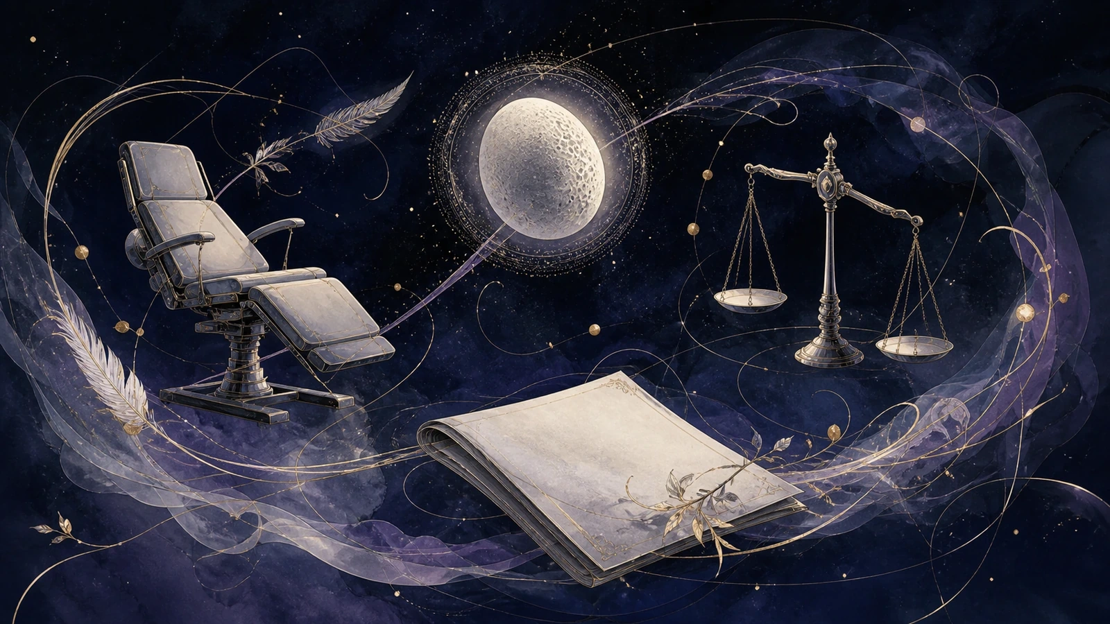 Display image | An empty clinical chair, unmarked legal papers, scales and a moon-like cell form an abstract metaphor for evidentiary boundaries. Original ImageGen concept; no party, patient, institution or case document is shown.