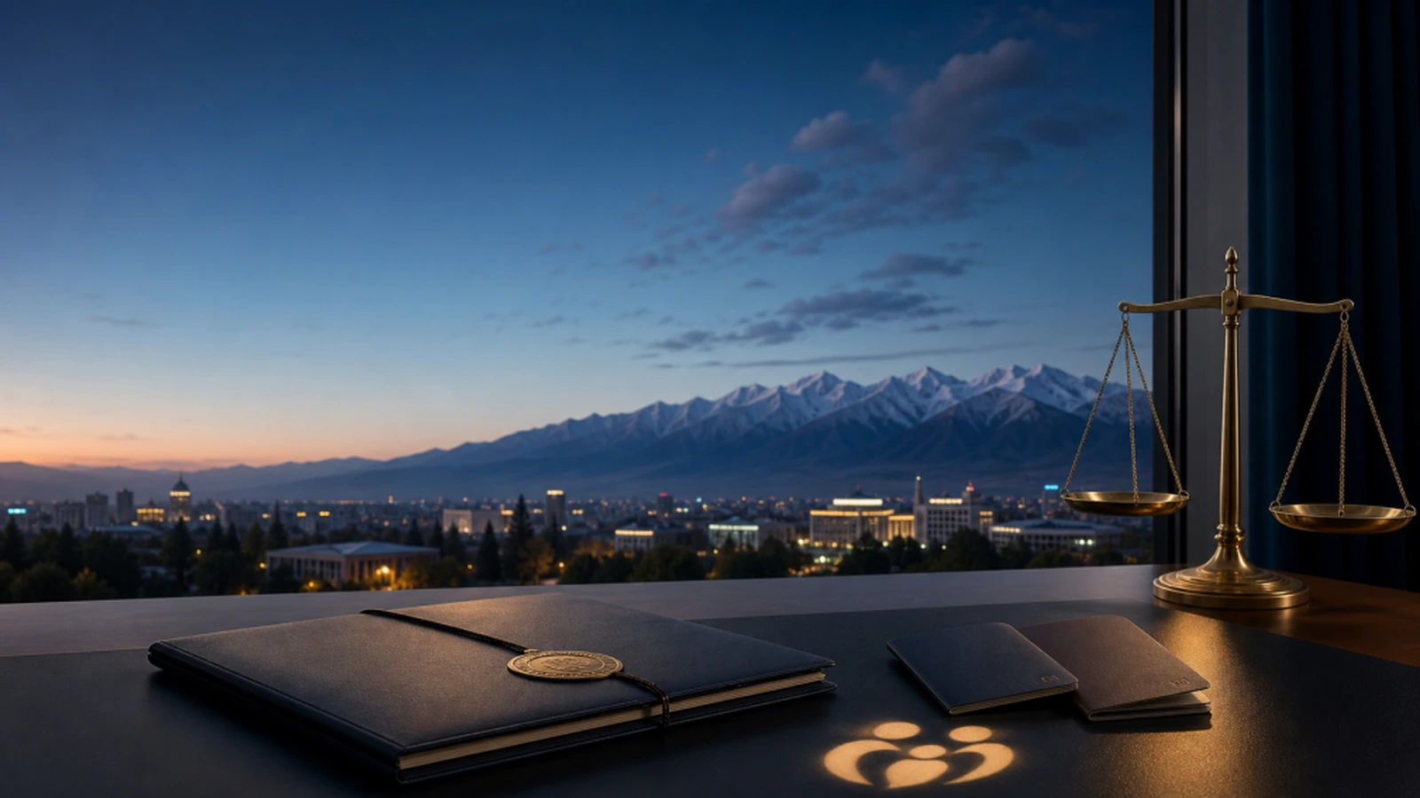 Concept image of Bishkek, the Tian Shan and legal documents