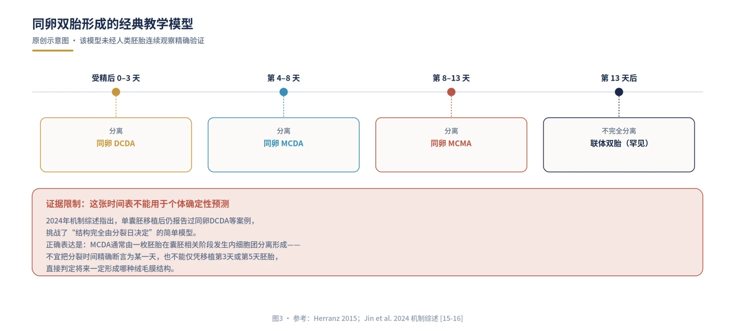 图3：同卵双胎形成的经典模型及证据边界