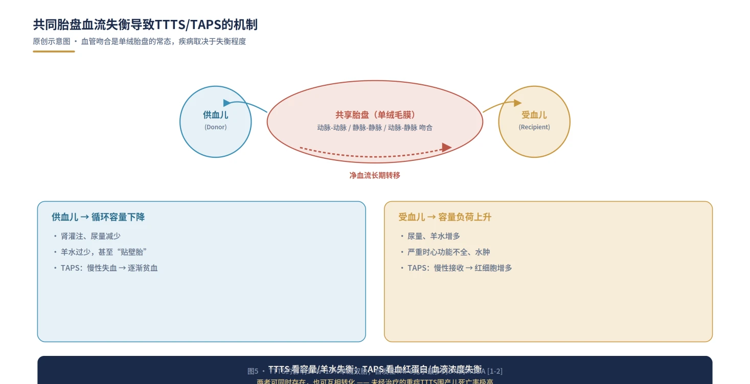 图5：共同胎盘血流失衡与TTTS、TAPS