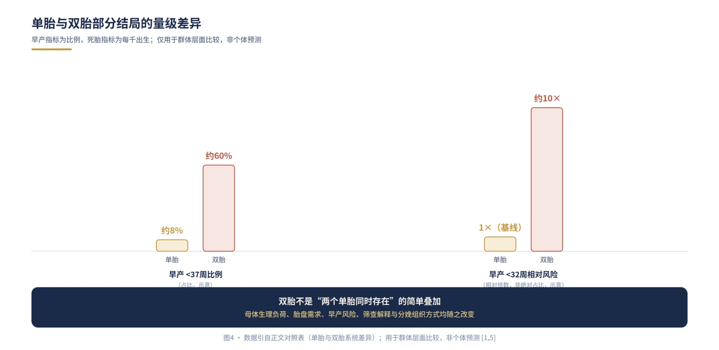 图4：单胎与双胎部分结局的量级差异