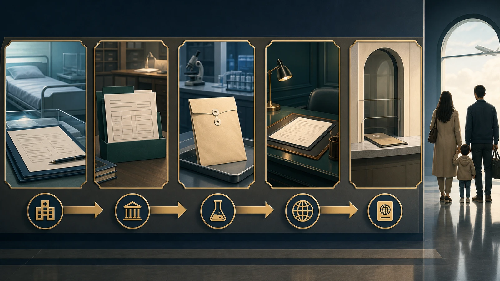 Concept illustration of the chain from birth record to civil registration, parentage evidence, nationality and travel document