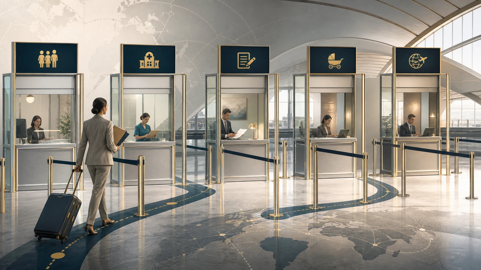 Concept illustration of five legal and administrative gates in an international surrogacy arrangement