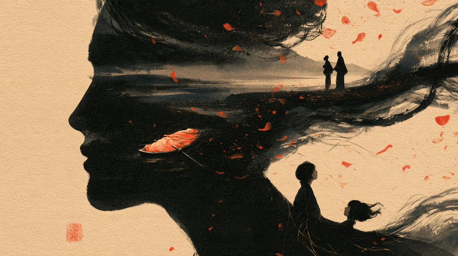 女性侧影中叠映家庭人物与红色花瓣的插画