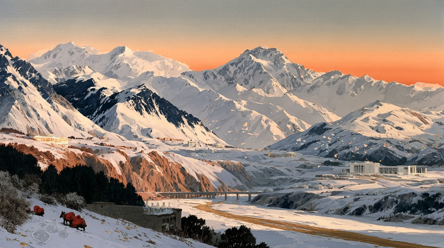 雪山、山谷与建筑的概念风景插画