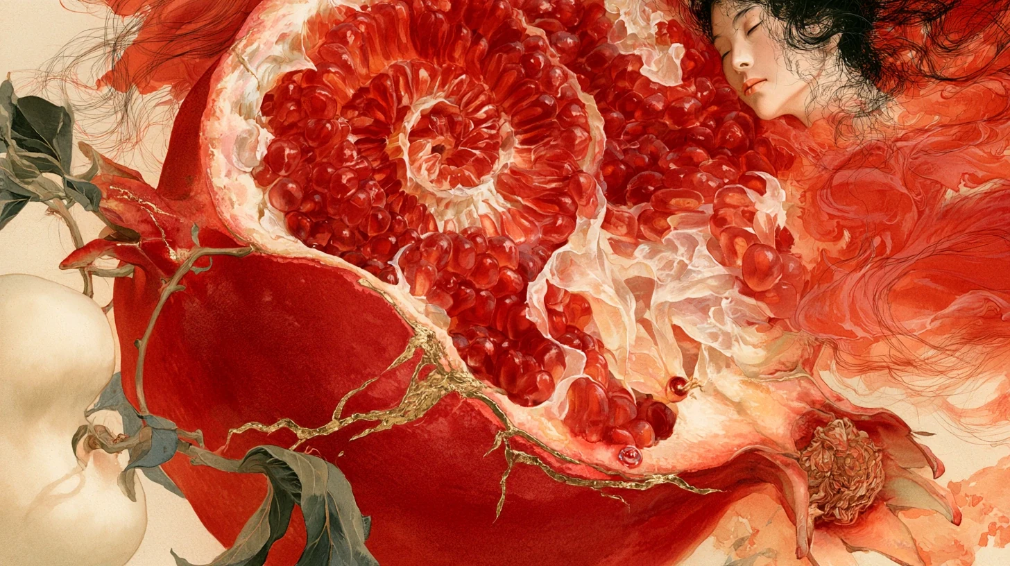 石榴剖面与女性形象的主题插画