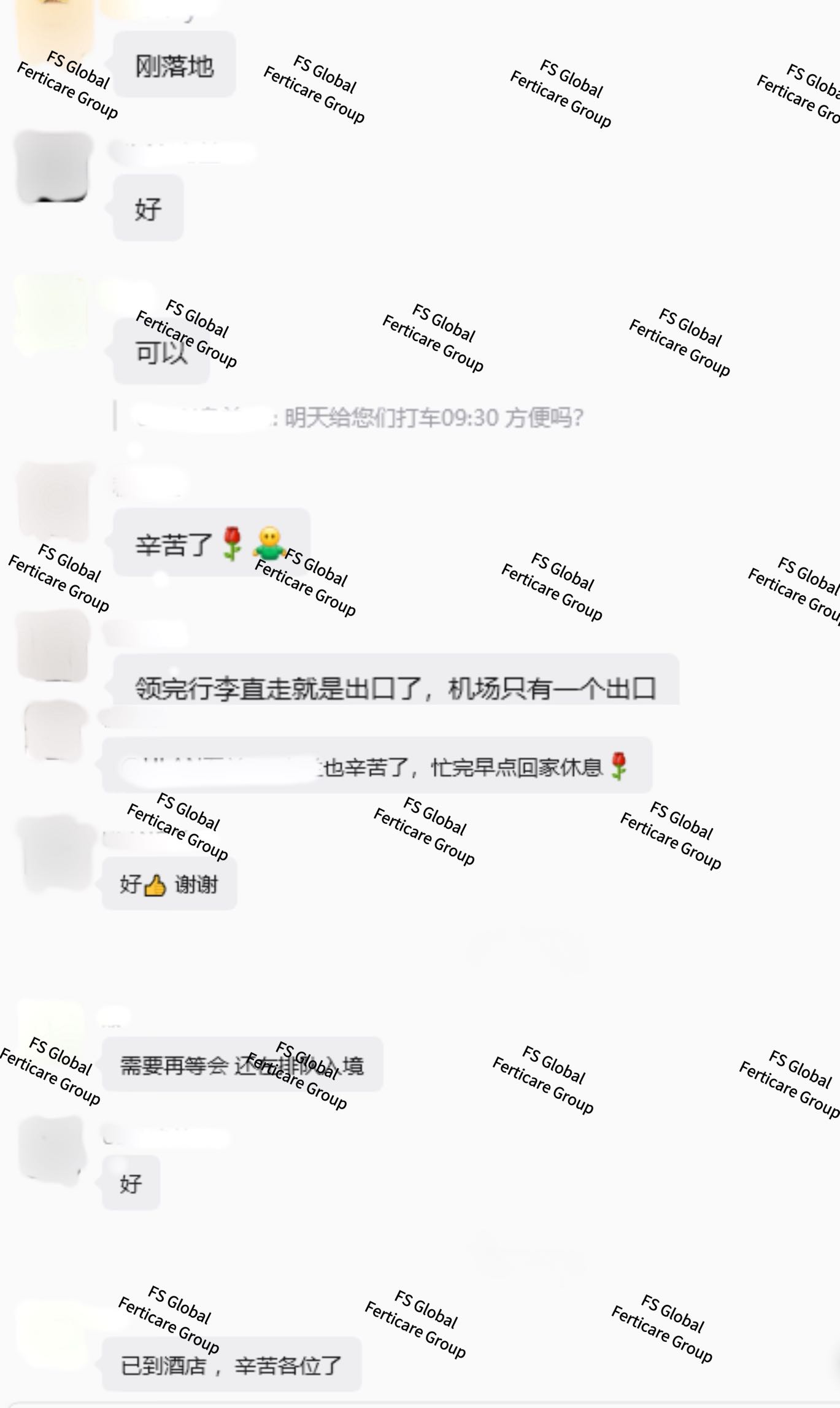 聊天记录确认机场碰面及到达酒店。