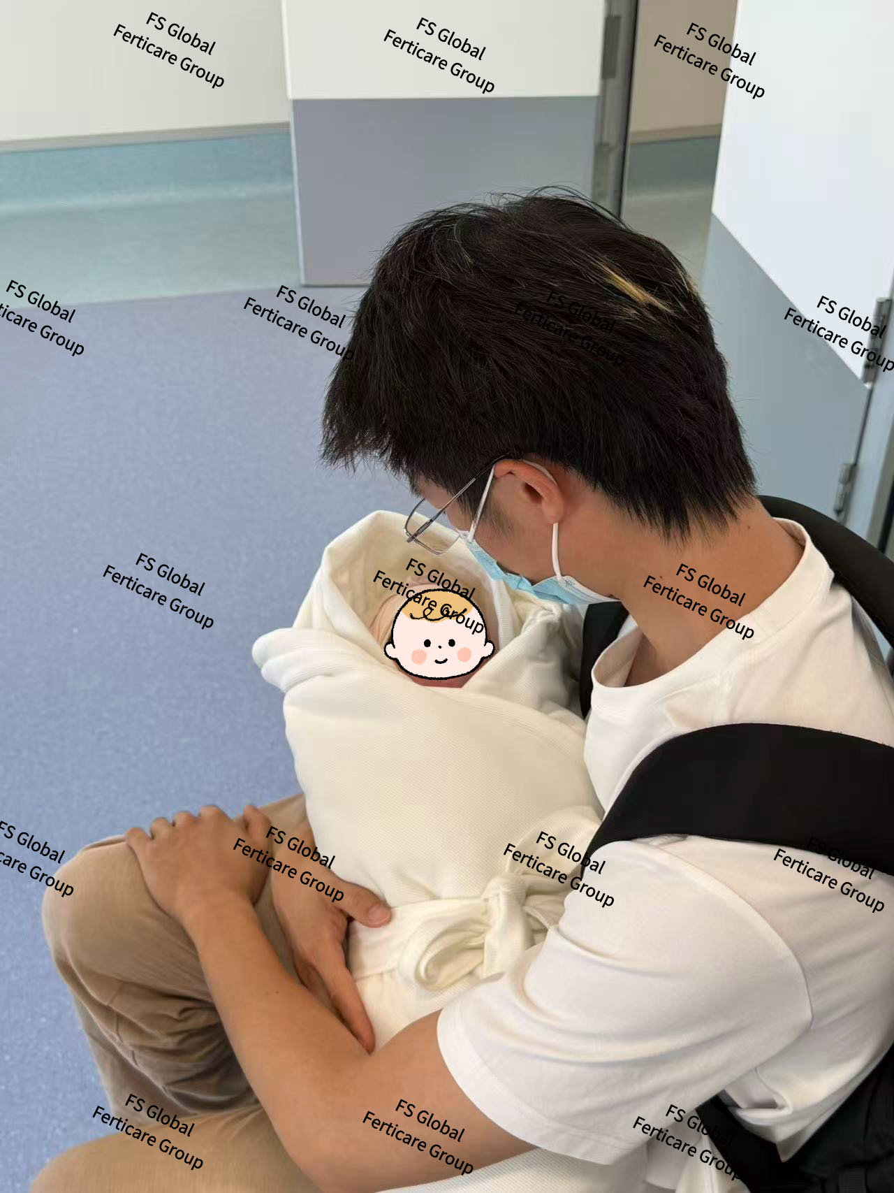 A client sits with the baby in his arms.