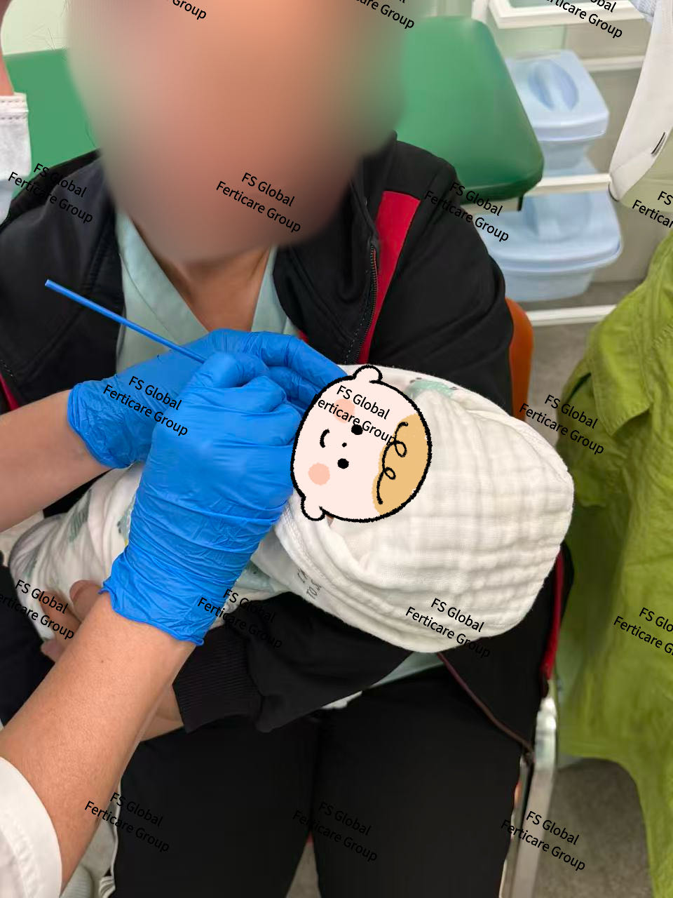 宝宝在成人怀中接受口腔拭子采样。