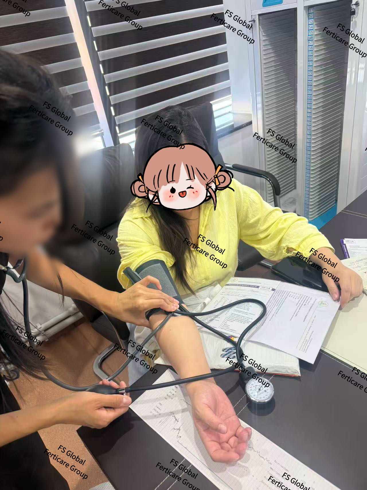 A medical professional measures the participant's blood pressure.