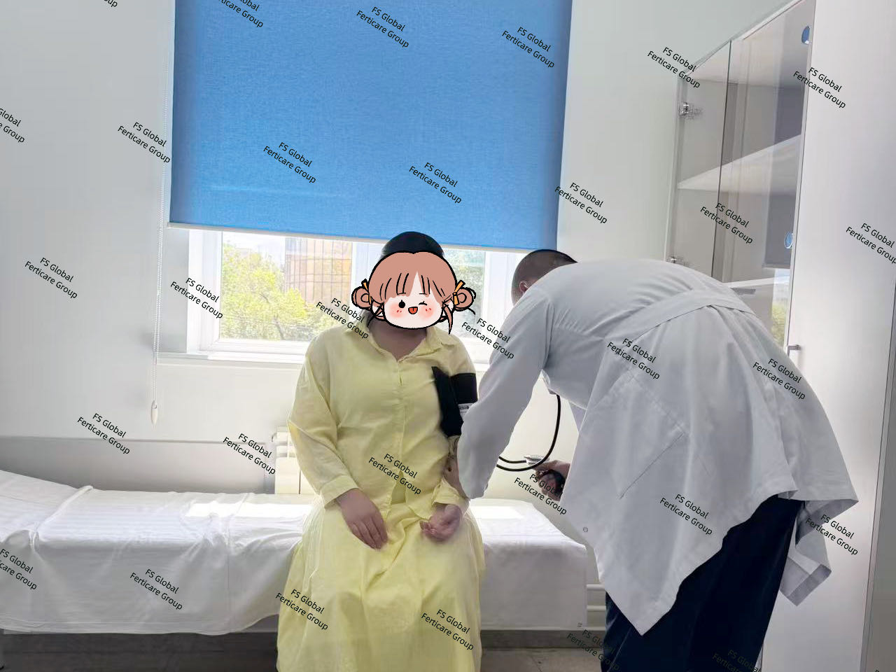 The expectant mother completes a physician consultation and basic checks, including blood pressure.
